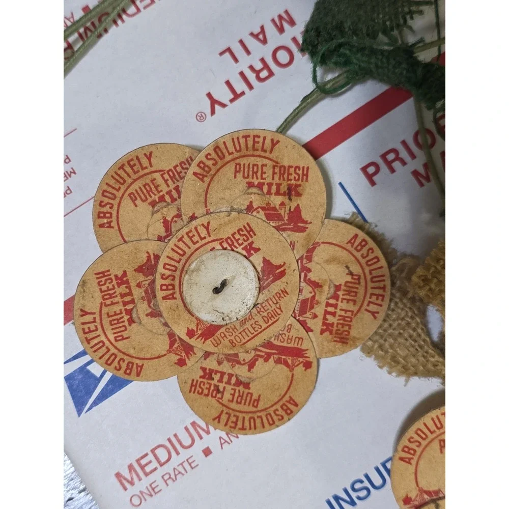 Handmade Upcycled Milk Cap Flowers Burlap Stem Rustic Farmhouse Decor Vintage